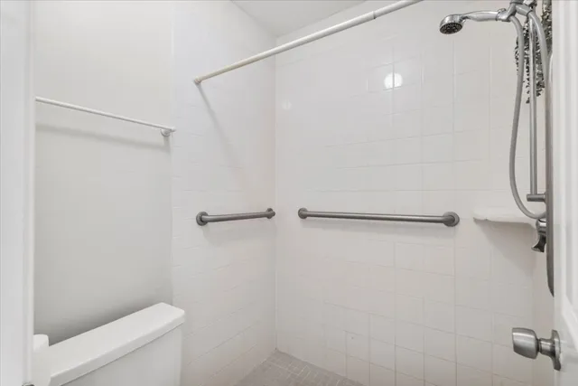 a bathroom with a shower and toilet