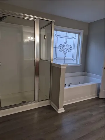 a bathroom with a bathtub and shower