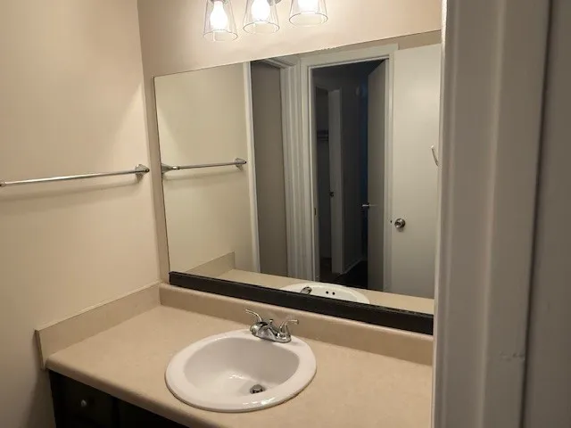 a bathroom with a sink and a mirror