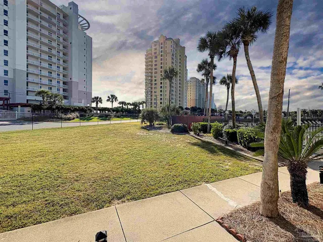 a view of an ocean with palm trees