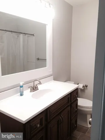 a bathroom with a sink vanity mirror and toilet