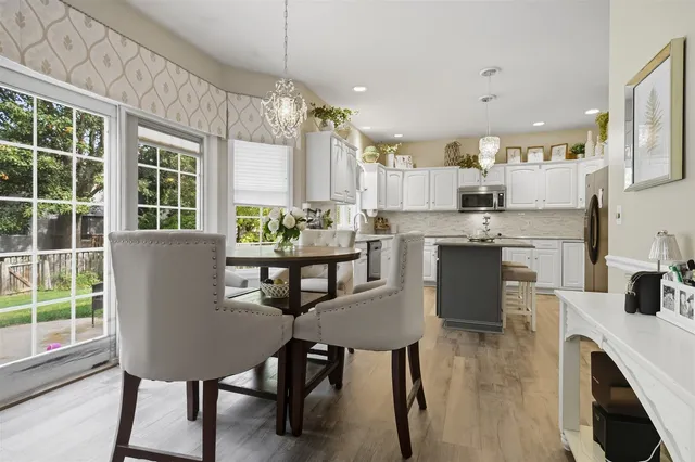 a view of a dining room with furniture window and outside view