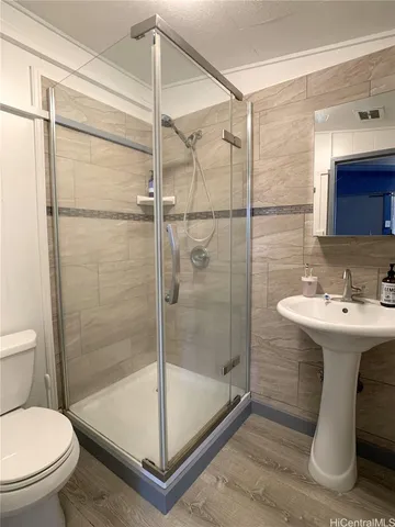 a bathroom with a shower toilet and sink