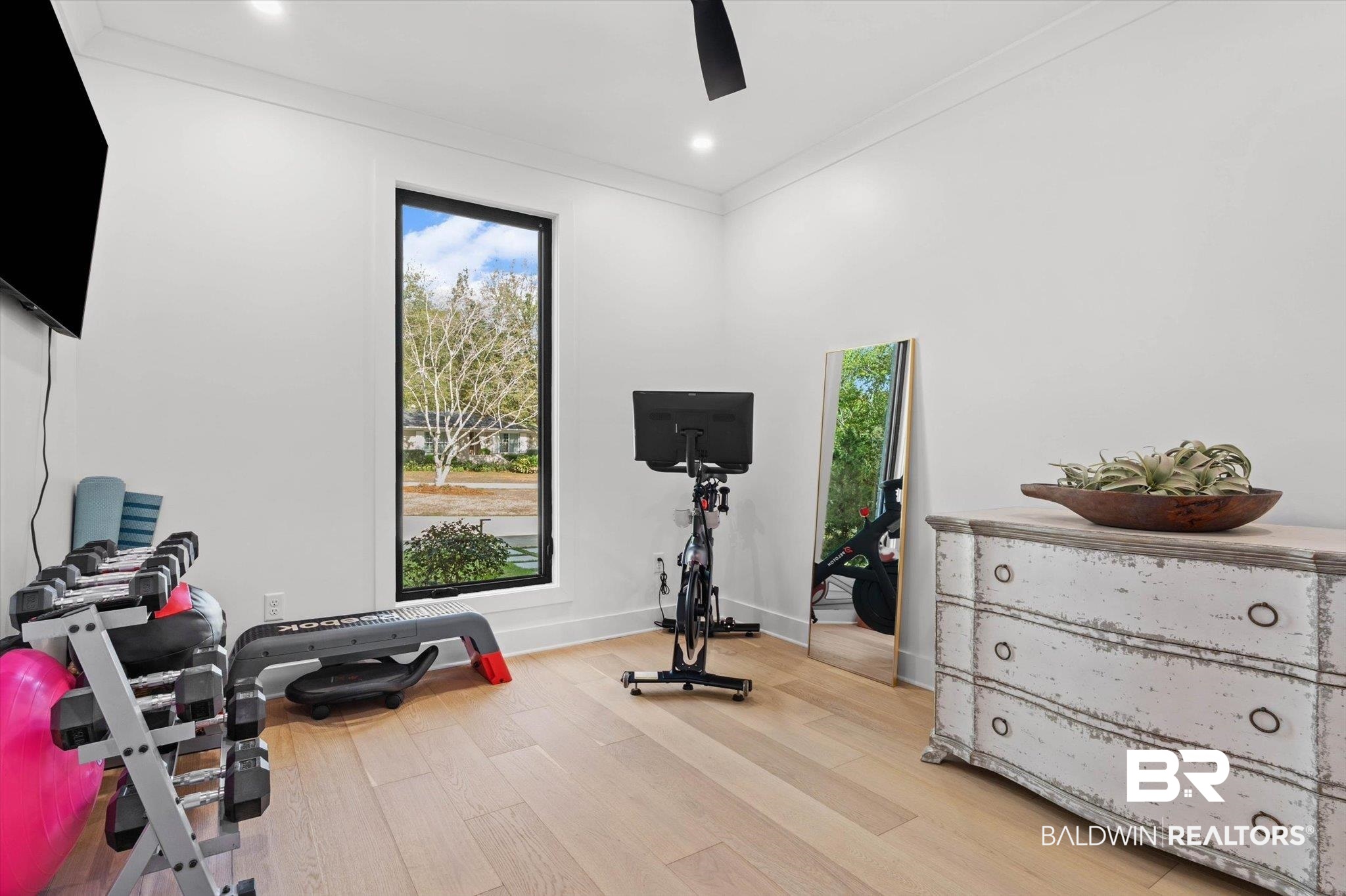 69 Jordan Lane Mobile, AL 36608 - Photo 25 of 57 Workout area featuring light wood-type flooring, ornamental molding, plenty of natural light, ceiling fan, and recessed lighting