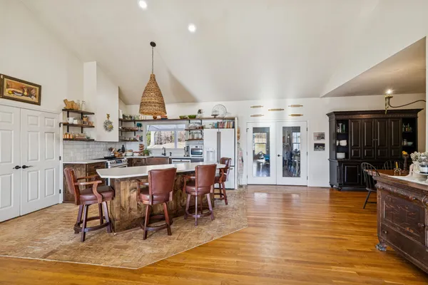 a view of a dining room with furniture