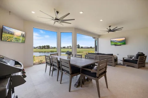 a view of a dining room with furniture window and outside view