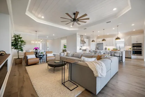 a living room with furniture kitchen view and a potted plant