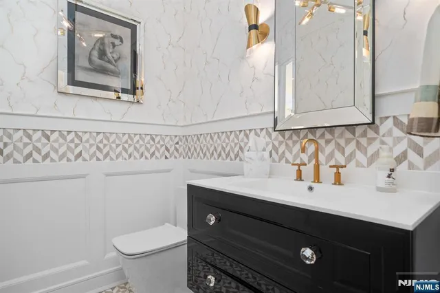 a bathroom with a sink vanity and toilet