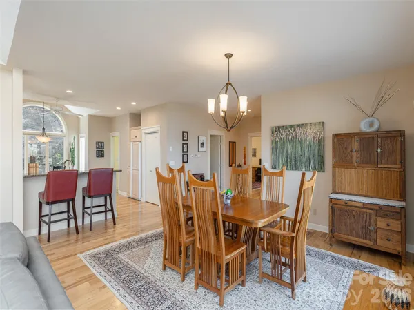 a view of a dining room with furniture