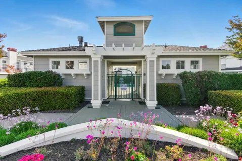 a front view of a house with a yard and potted plants