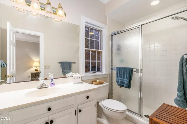 a bathroom with a sink a toilet a mirror and shower