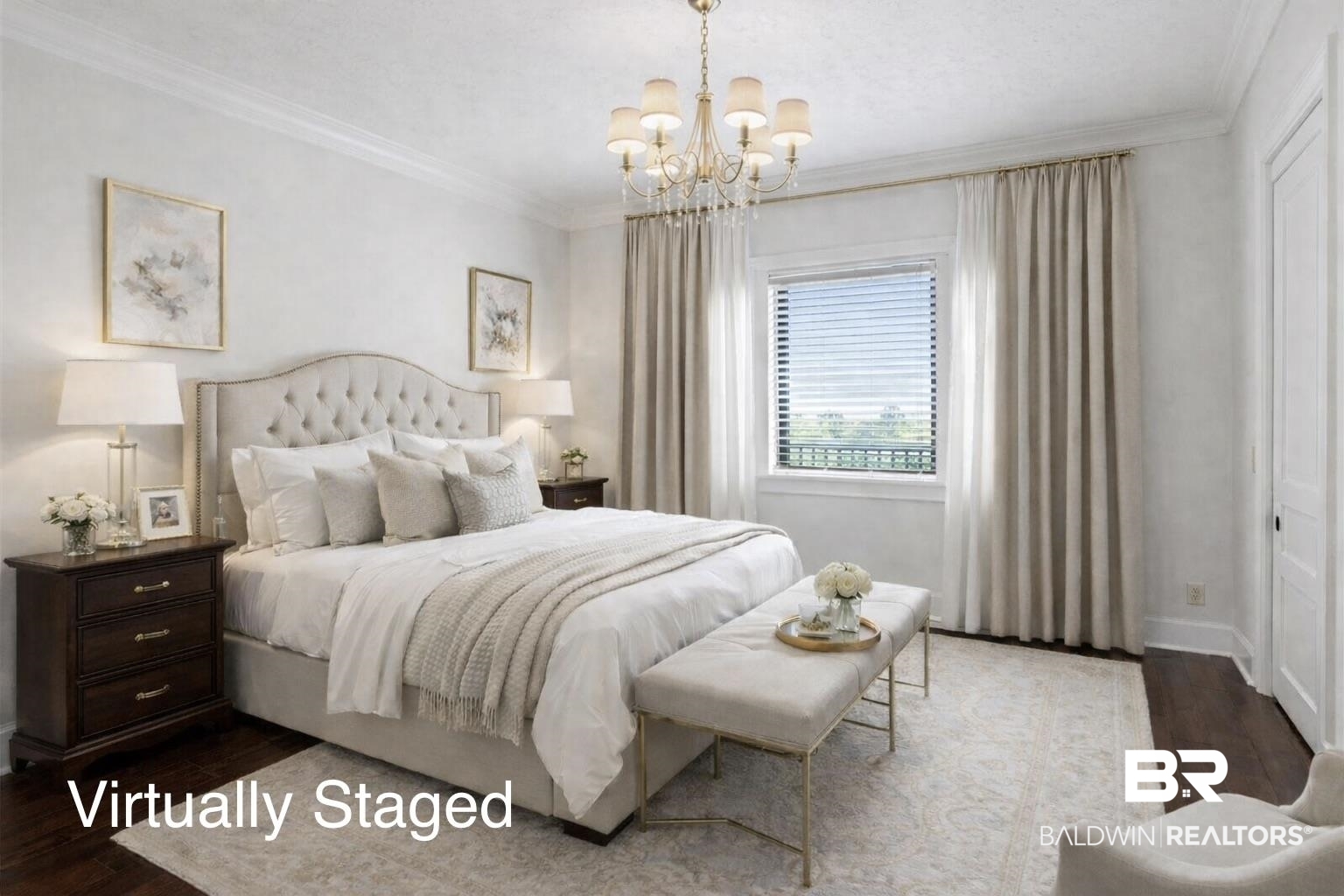 18269 Colony Drive, Unit 502 Fairhope, AL 36532 - Photo 5 of 28 Virtually staged bedroom with dark wood-type flooring, ornamental molding, and a chandelier