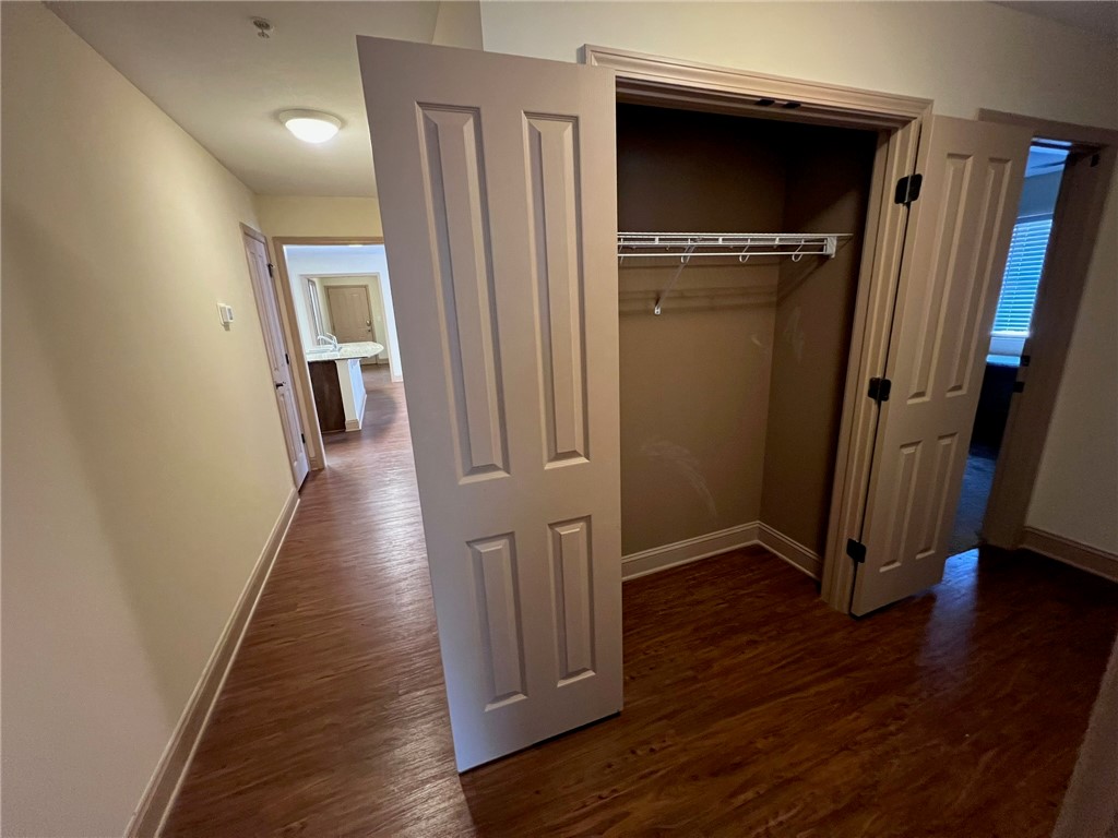 203 Kelly Road, Unit 114 Clemson, SC 29631 - Photo 17 of 37 Gleaming wood-look floors anchor a functional hallway closet leading directly toward the kitchen.