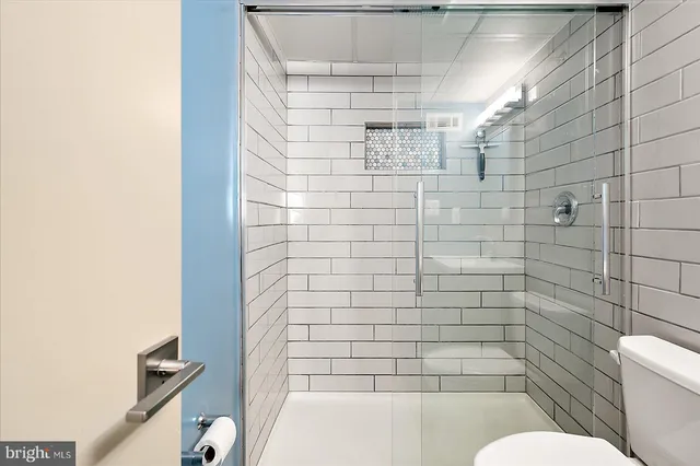 a bathroom with a shower and toilet