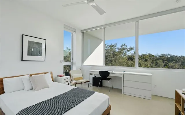 an aerial view of a house yard and swimming pool