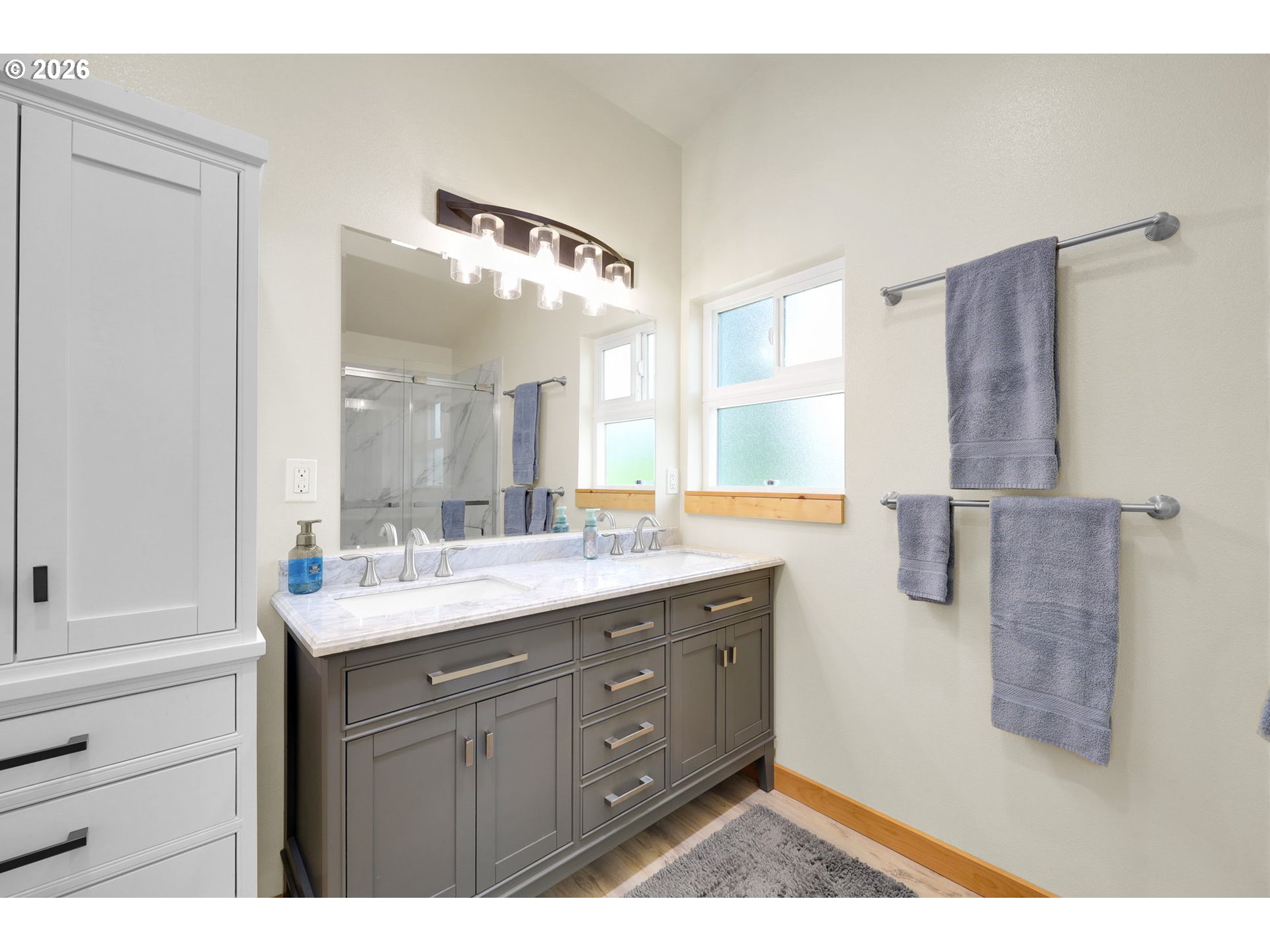 35478 Brabham Road Pleasant Hill, OR 97455 - Photo 15 of 48 a bathroom with a granite countertop sink a mirror and shower
