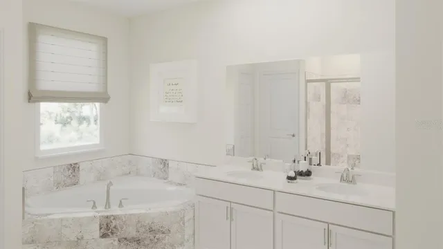 a bathroom with 2 sink tub and a mirror