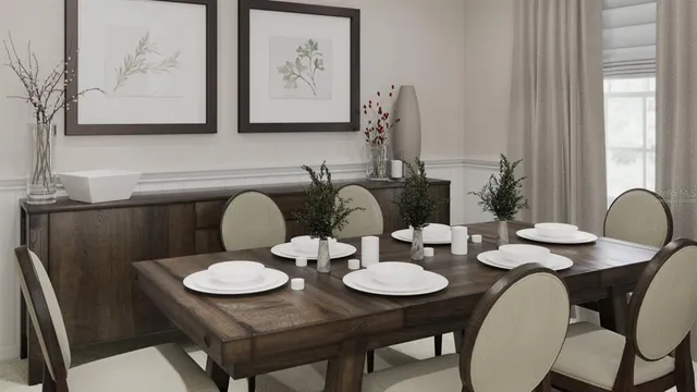 a dining room with furniture and wooden floor