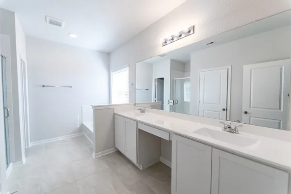 a bathroom with a sink double vanity and a mirror