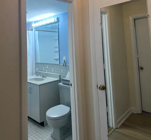 a bathroom with a toilet sink and mirror