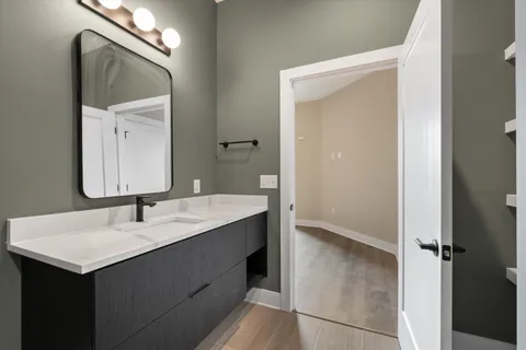 a bathroom with a sink and a mirror