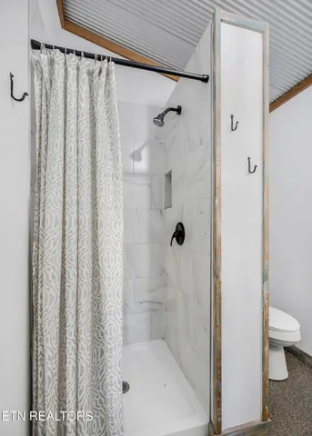a bathroom with a shower curtain and a toilet
