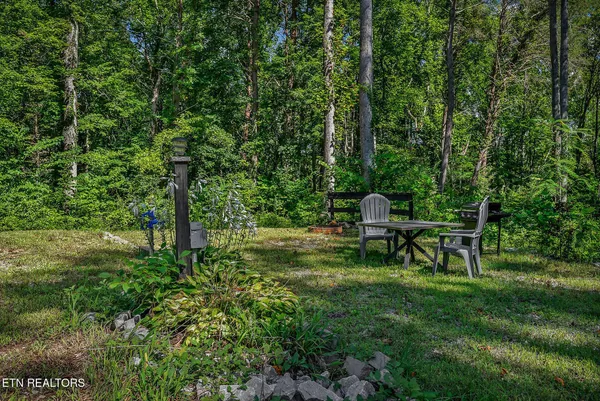 a view of a chairs in a backyard
