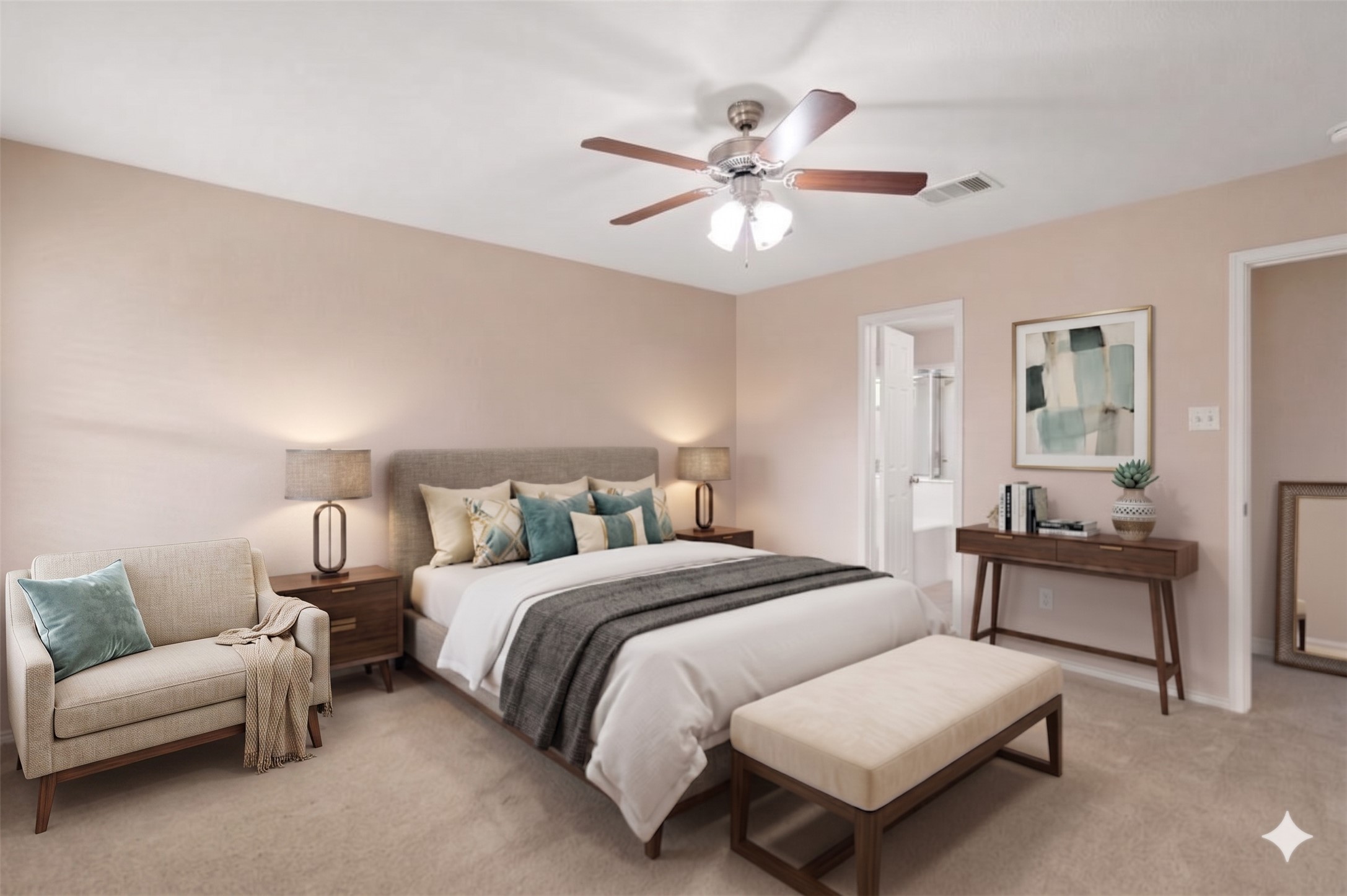 20224 Merlin Falcon Trail Pflugerville, TX 78660 - Photo 6 of 40 A tranquil primary bedroom features plush carpeting and a modern ceiling fan with lighting.