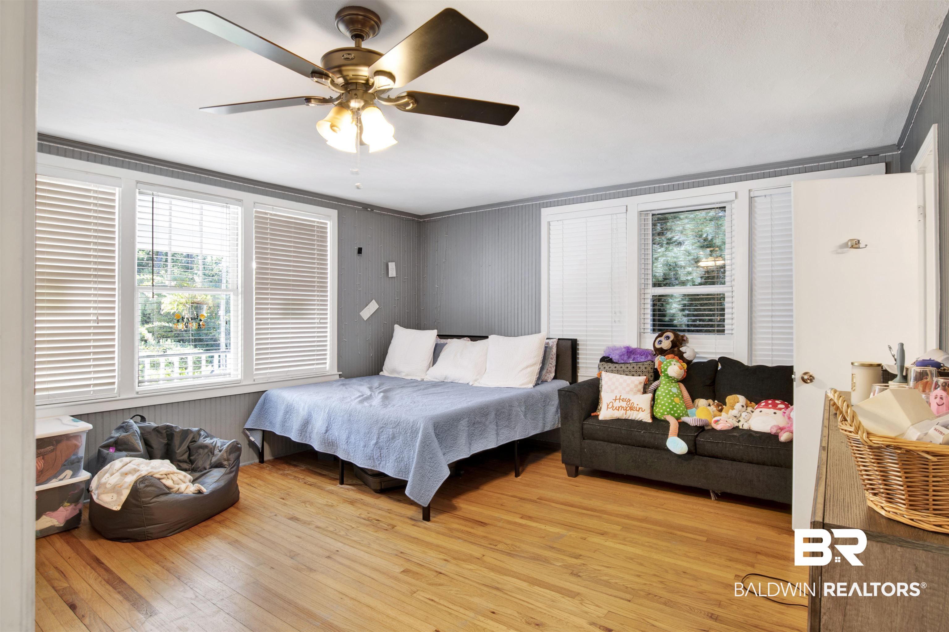 605 Van Avenue Daphne, AL 36526 - Photo 16 of 37 Bedroom featuring ceiling fan, crown molding, and light hardwood / wood-style floors