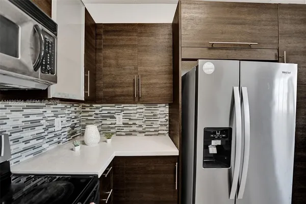 a kitchen with stainless steel appliances a stove and a microwave