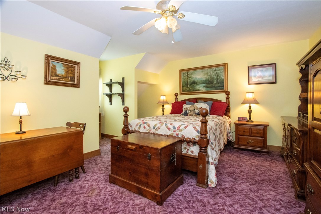1043 North Honeytown Road Wooster, OH 44691 - Photo 13 of 46 Spacious room featuring vaulted ceilings, a ceiling fan with integrated lighting, and a soft purple carpet