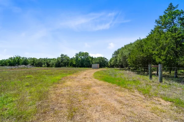 a view of a field with trees in the background