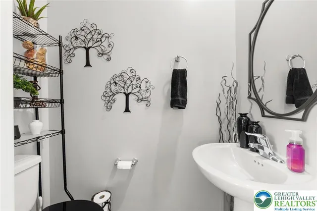 a bathroom with a sink and mirror with toilet
