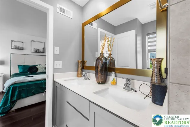 a bathroom with a sink and a mirror