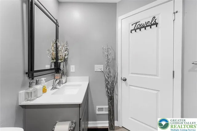 a bathroom with a sink a mirror and a shower