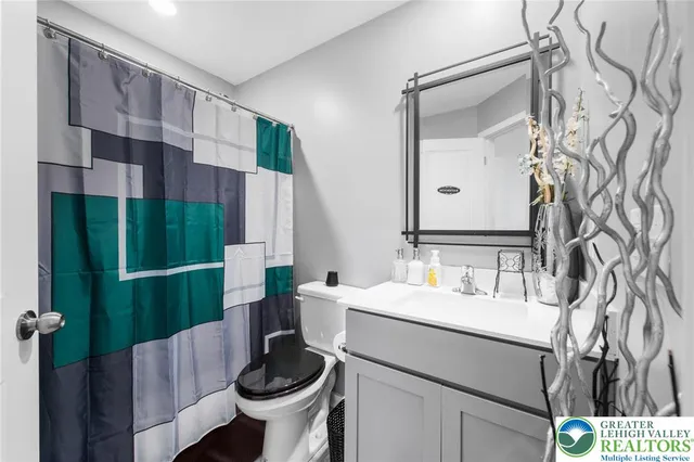 a bathroom with a sink a toilet and mirror