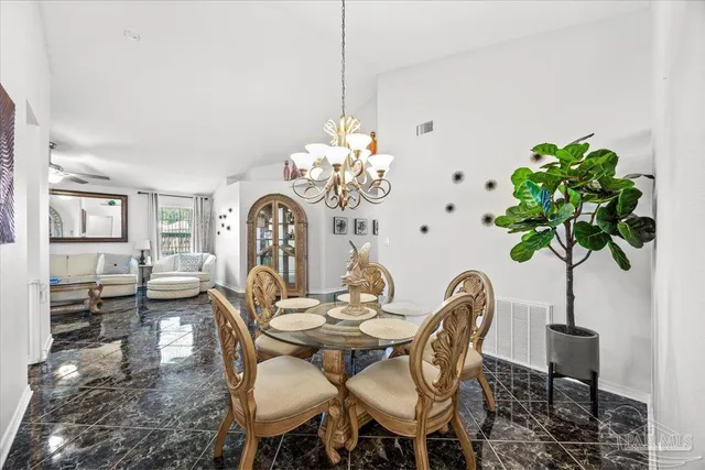 a dining room filled with furniture