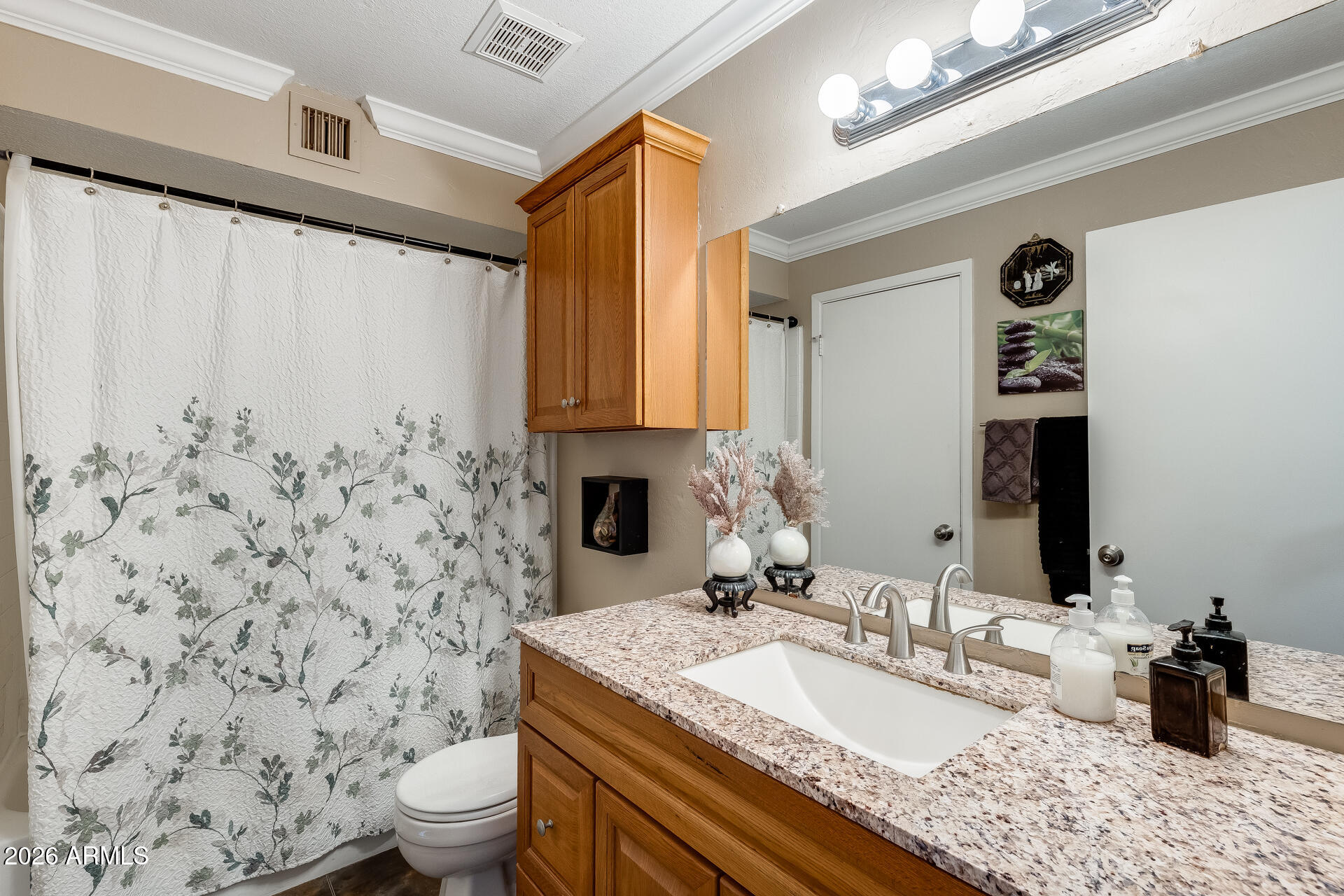 30 East Brown Road, Unit 2040 Mesa, AZ 85201 - Photo 16 of 23 a bathroom with a granite countertop sink a toilet and a mirror
