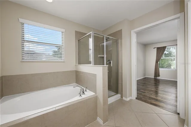 a bathroom with a bathtub and a shower