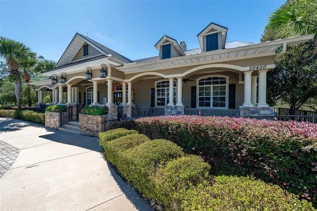 a view of swimming pool with lawn chairs and plants