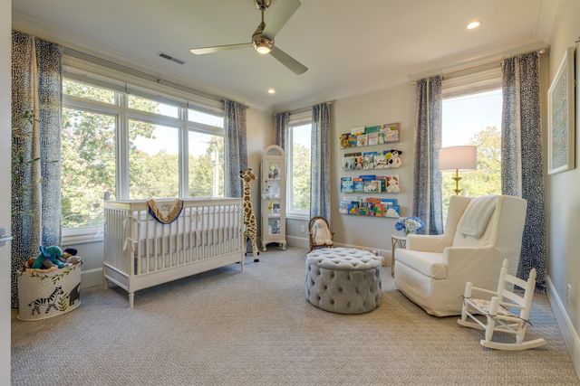 a view of a backyard with large trees and wooden fence