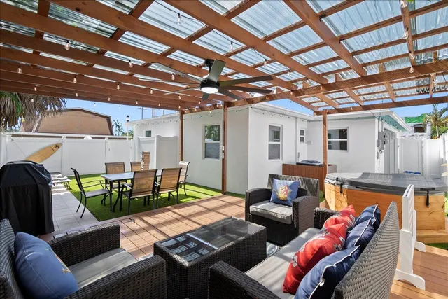 a living room with furniture and a table