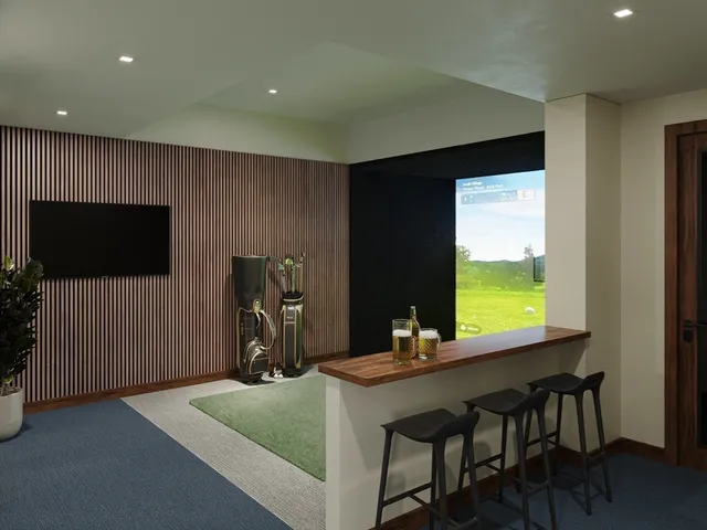 a workspace with furniture and a flat screen tv