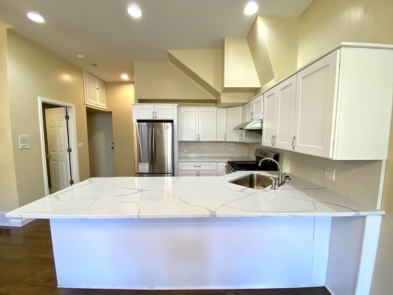 3131 South Benson Street, Unit 10 Chicago, IL 60608 - Photo 4 of 17 a kitchen with stainless steel appliances kitchen island a refrigerator sink and cabinets