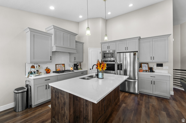 3678 Spiral Springs Road, Unit 204 Tooele, UT 84074 - Photo 9 of 59 Kitchen featuring a center island with double basin sink, white countertops, gray cabinetry, stainless steel appliances, and wood-finish flooring
