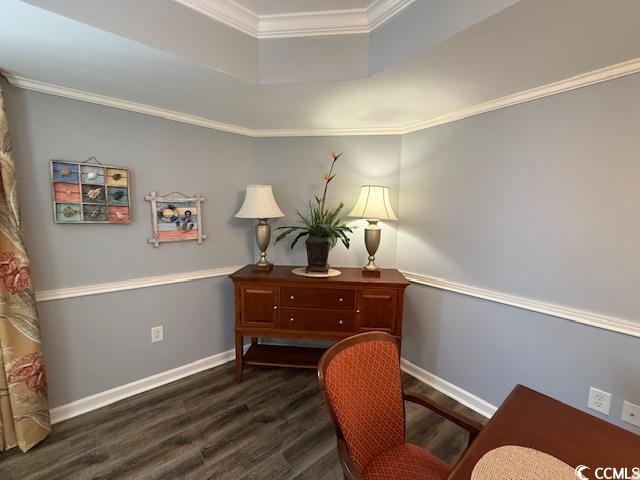 9994 Beach Club Drive, Unit 1204 Myrtle Beach, SC 29572 - Photo 24 of 36 Office area featuring crown molding, dark wood-style floors, and a tray ceiling