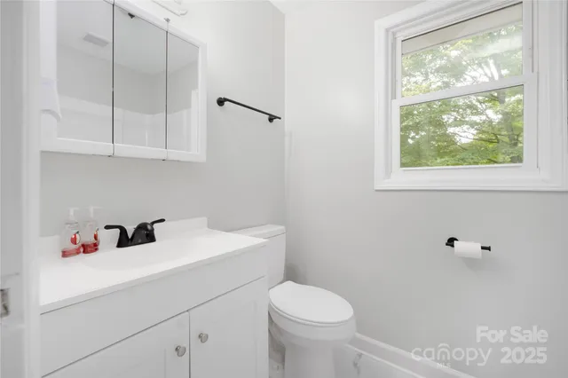 a bathroom with a sink a toilet and a window