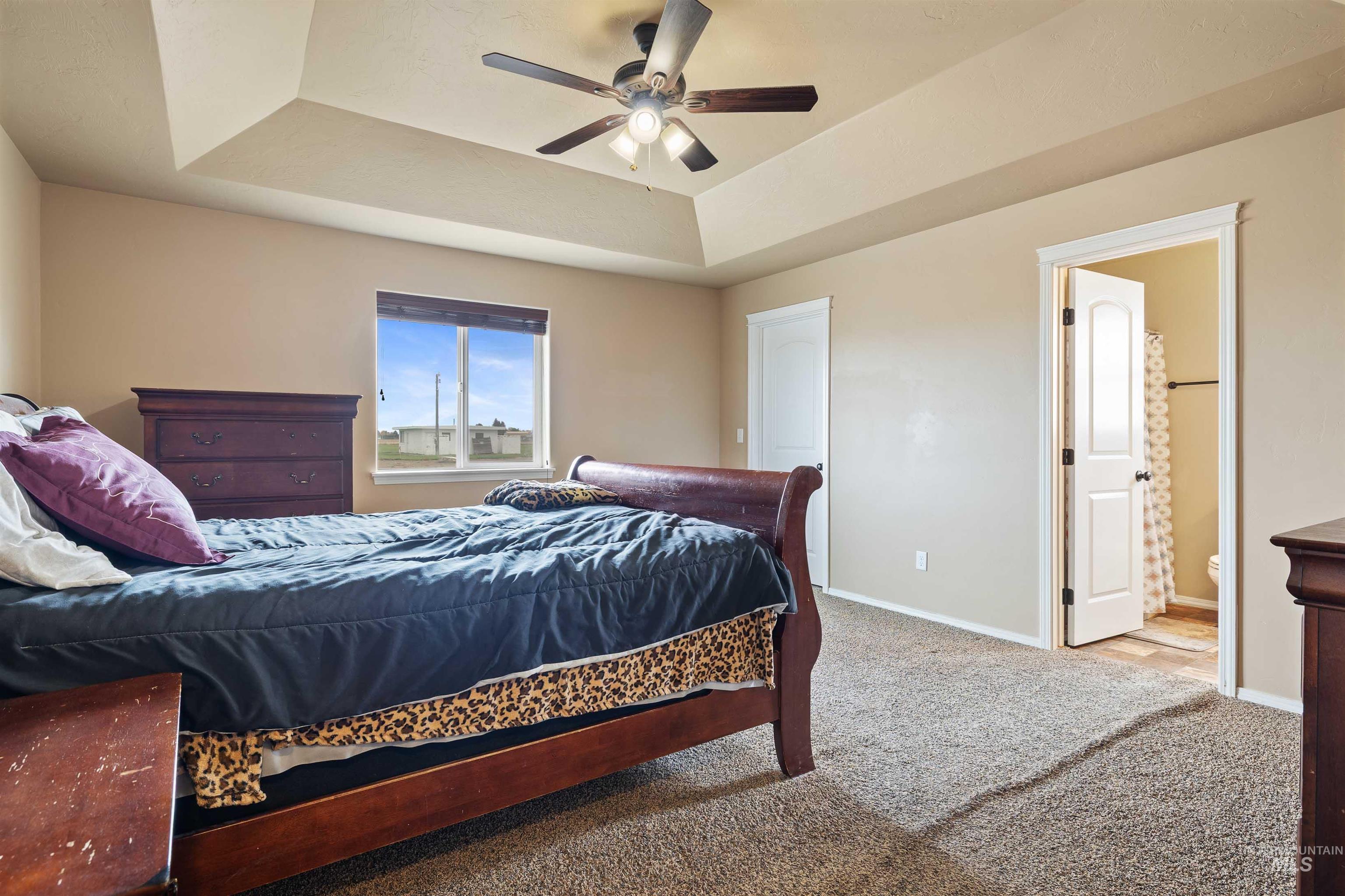 134 North 50 West Rupert, ID 83350 - Photo 10 of 36 Bedroom featuring a raised ceiling, carpet flooring, a ceiling fan, and ensuite bathroom