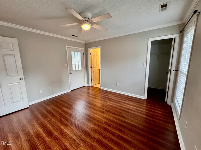 a view of backyard with plants and large tree