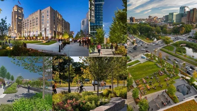 a view of a chairs and tables in the city